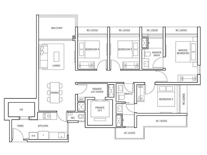 AMO Residences floor plan for a 4-bedroom (type D1) condo unit spanning 1,292 sq ft. Image from AMO Residence website