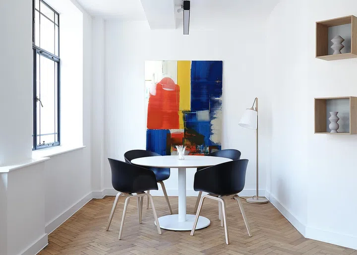Artwork "Abstrct 2 - Migration" by artist Kelvin Low hanging on a white wall.