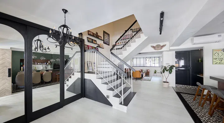 Living room and staircase in a HDB Executive Maisonette along Woodlands Drive for a family of 5.