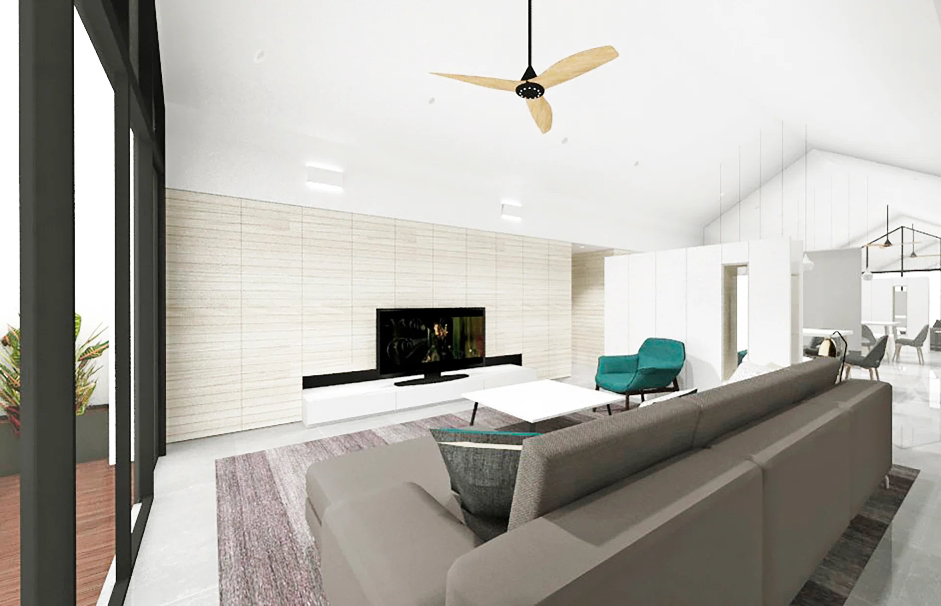 Interior designer’s rendering of the living room for this 3-bedroom condominium in East Coast.