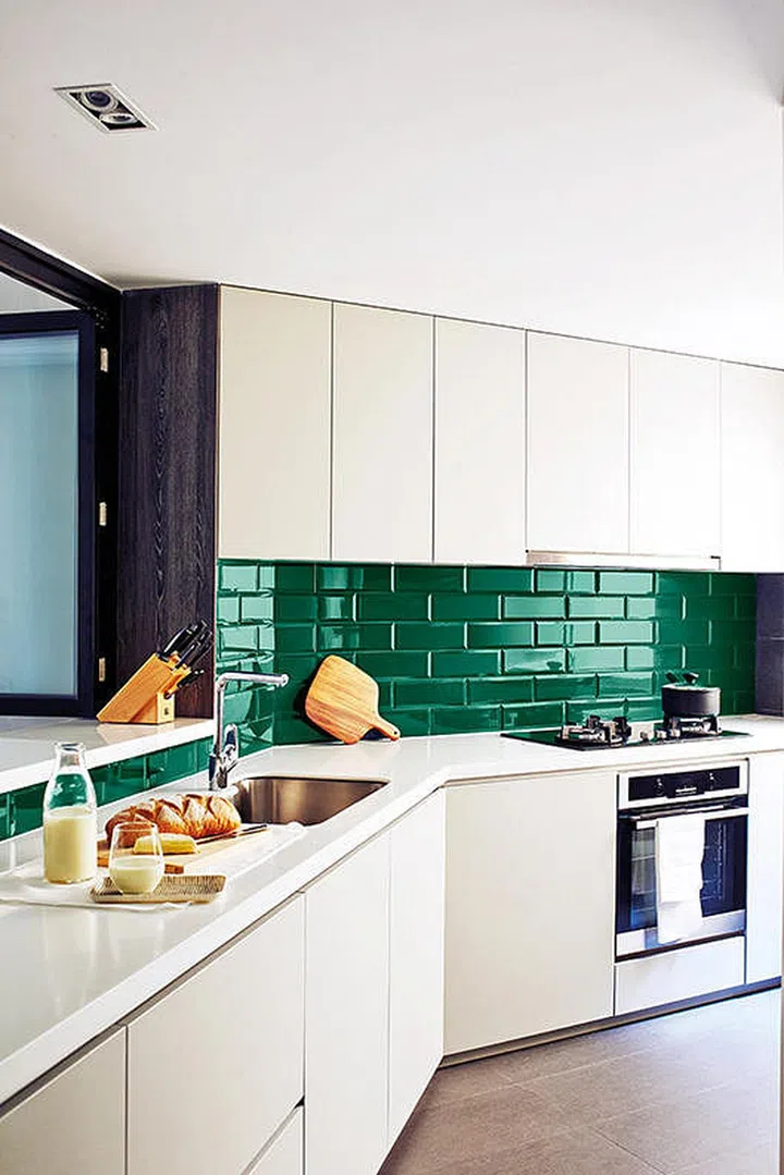 kitchen, home, renovation, condo, green, subway tiles