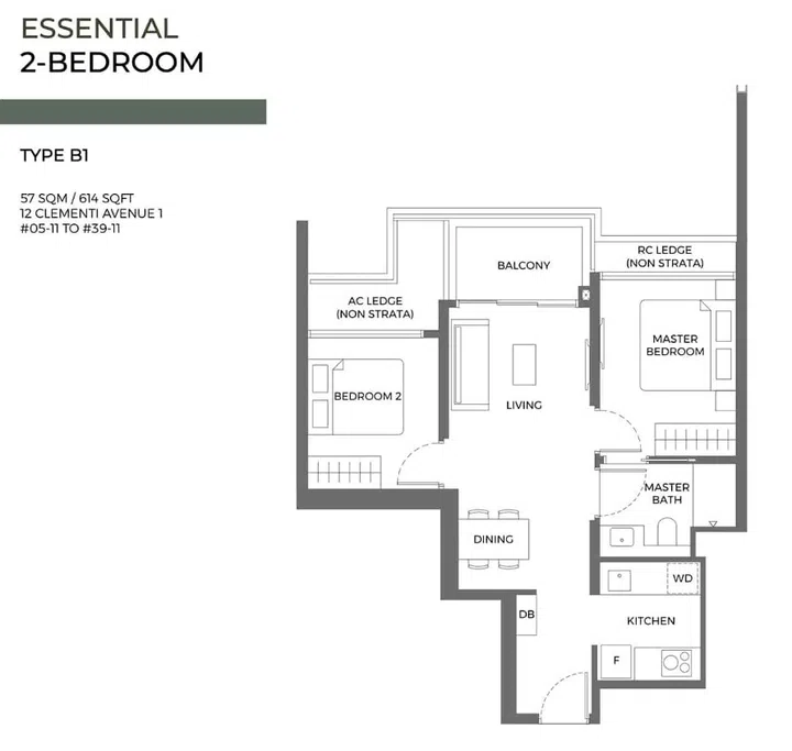 ELTA Clementi 2-bedroom (type B1) floor plan.