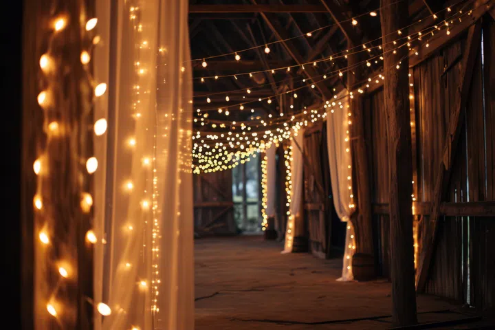 Indoor barn wedding with string lighting to celebrate marriage in a rustic setting. Generative AI illustration