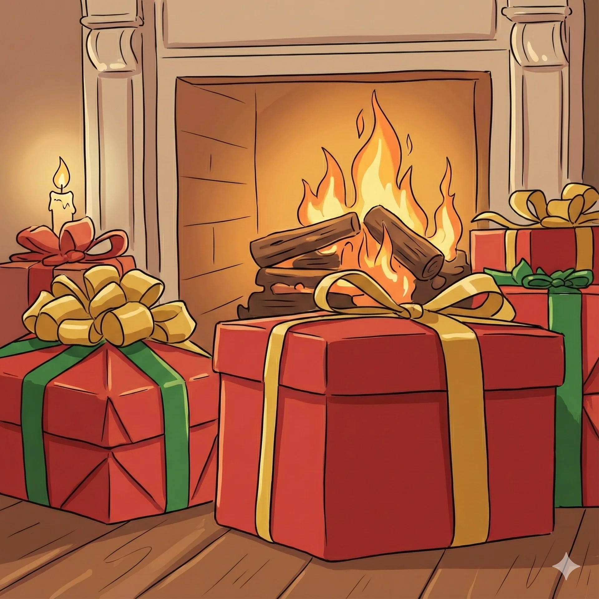 A cartoon image of Christmas presents in front of a fireplace. 