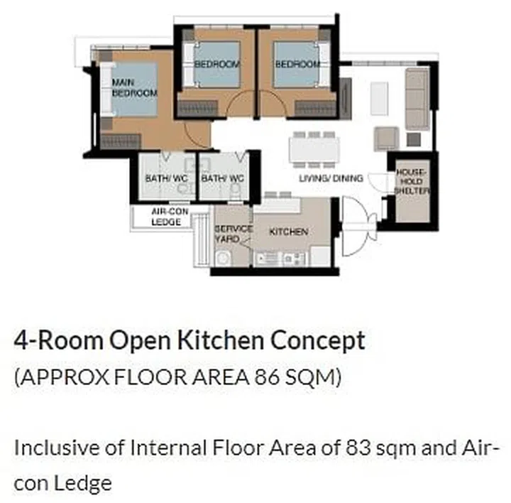 Clementi Peaks HDB BTO 4 room flat, 86sqm floor plan.