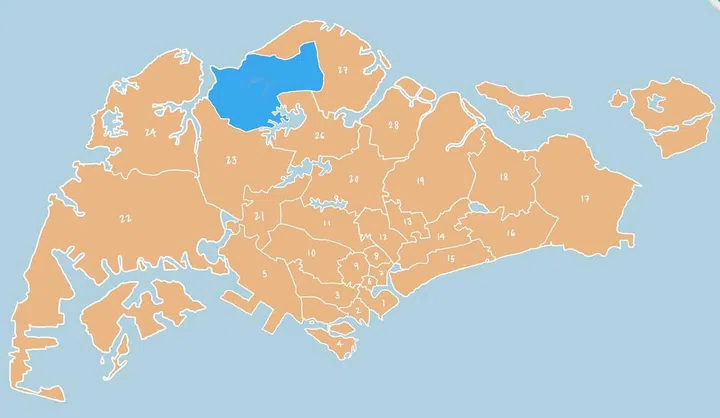Illustrated map showing District 25 - Woodlands, Admiralty, Kranji, Woodgrove in Singapore.
