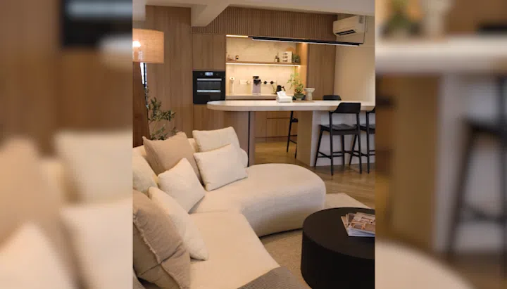 Living room in interior designer Cedrick Law and wife Chua Tse Lyn's 4-room HDB resale flat in Bedok.