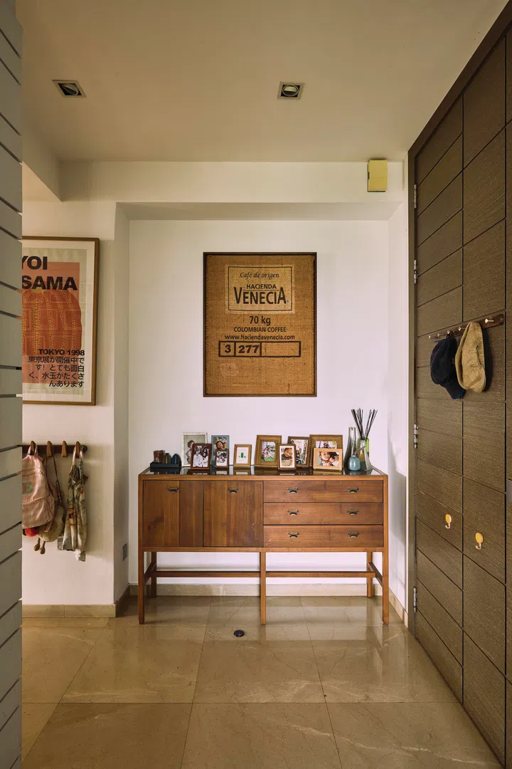 In the entrance foyer, a framed coffee sack that they brought home from a coffee finca in Colombia.