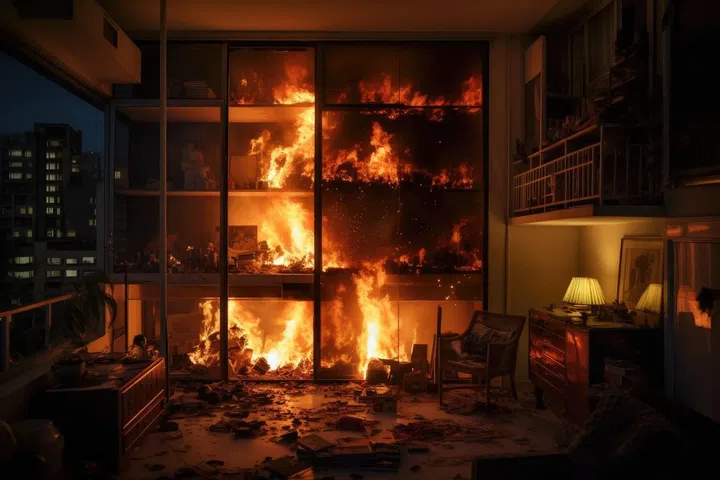 The image captures a room engulfed in intense flames, the fires warm glow illuminating the space through a nearby window., Night fire blazing in an apartment, AI Generated. Photo 123RF