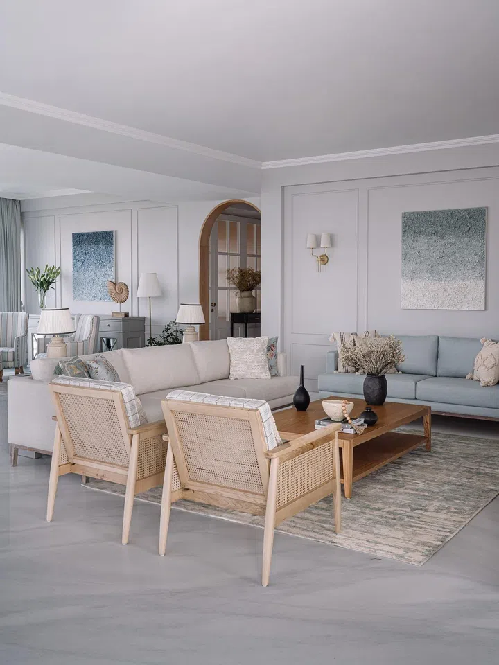 Natural materials used in the living room of Quirk Studio founders' Disha Bhavsar and Shivani Ajmera's 2-bedroom apartment in Parsi, Mumbai.