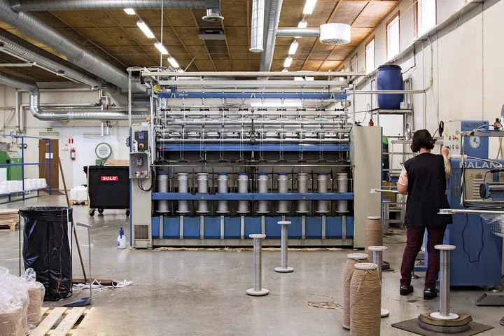 The paper yarn spinning room at CV Carpet factory, Karvala, Finland.