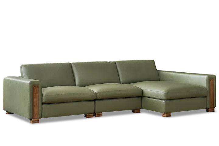 Castlery Tan France Kagan Leather 3-piece chaise sectional sofa in Moss.