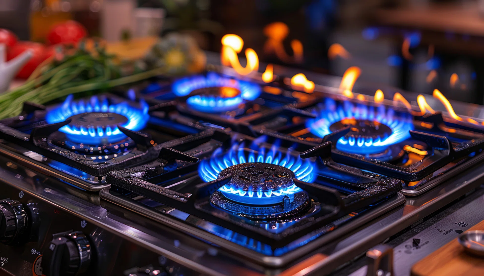 Close-up of blue flames on a gas stove in the kitchen.
