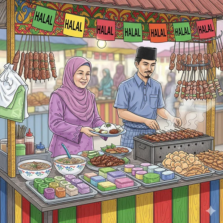 An illustration of a halal food stall with a Malay aunty and uncle serving food.