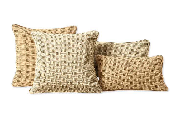 Castlery Tan France Zyra, Haris, Sia, and Willa cushions in  30cm x 50cm, and 50cm x 50cm.