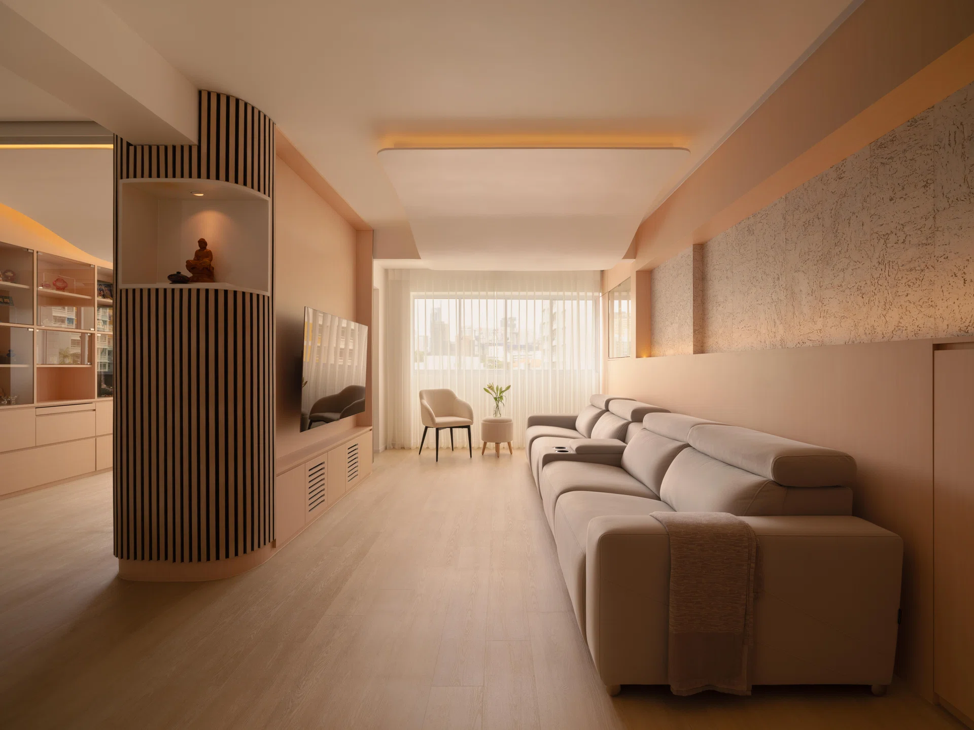 A curved ceiling resolves a structural beam in the living room, while slatted cylindrical columns and integrated storage organise the space without blocking views to the windows.