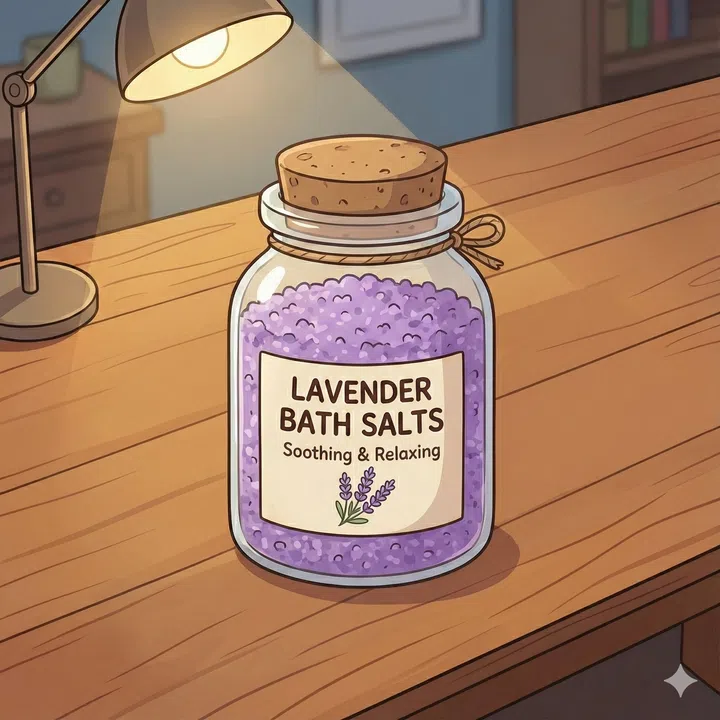 Cartoon drawing of a bottle of lavender bath salts.