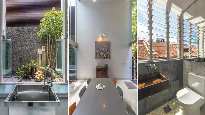 In the living room, the plaster on the existing party wall was removed to expose the original bricks, which although not uniform in size, have their own beauty.