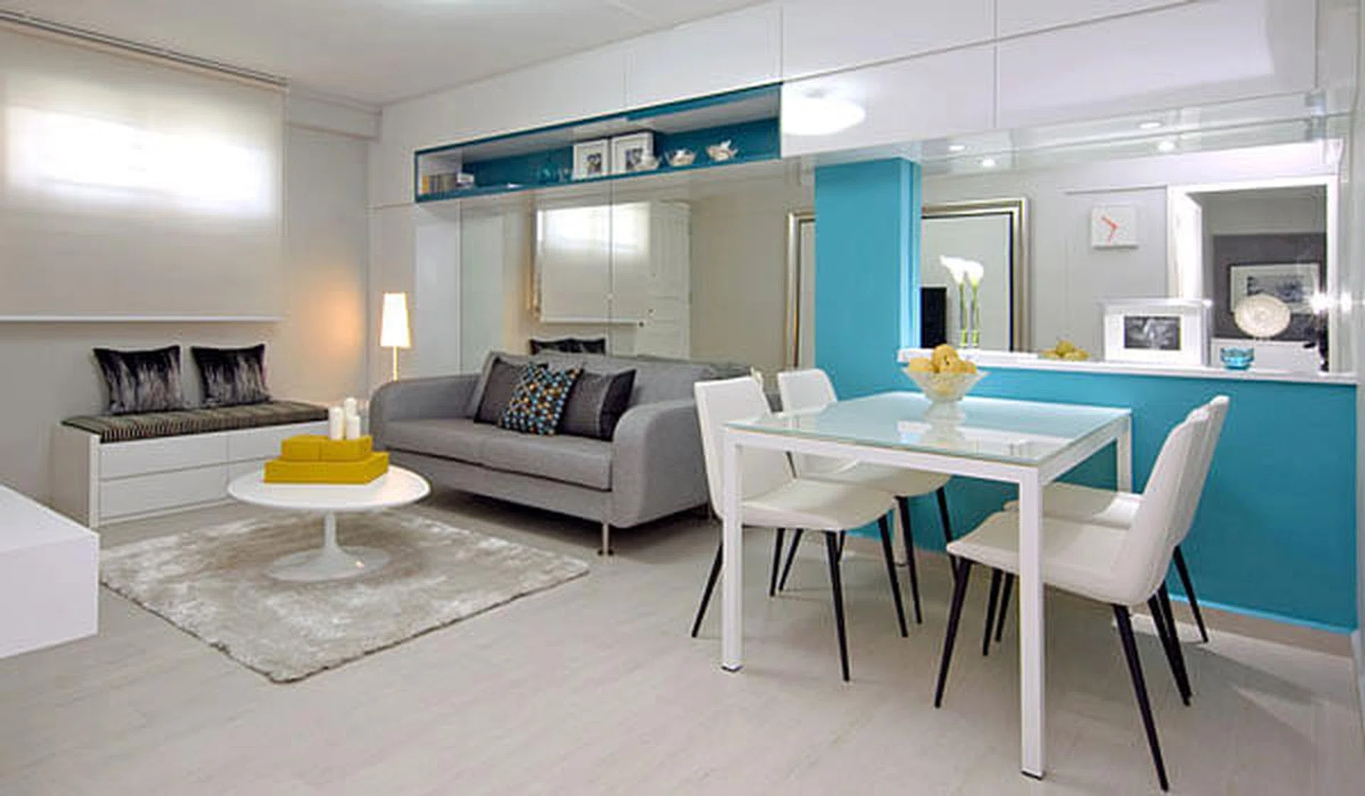 Transformed, brighter living room for a one-bedroom HDB flat.
