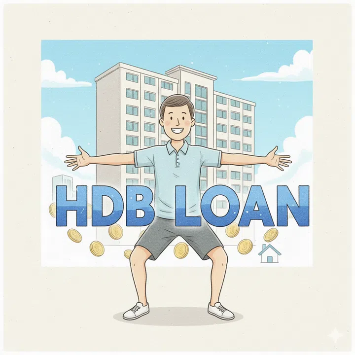 A drawing illustration of a young Singaporean man with his hands outstretched, holding the words “HDB LOAN.”