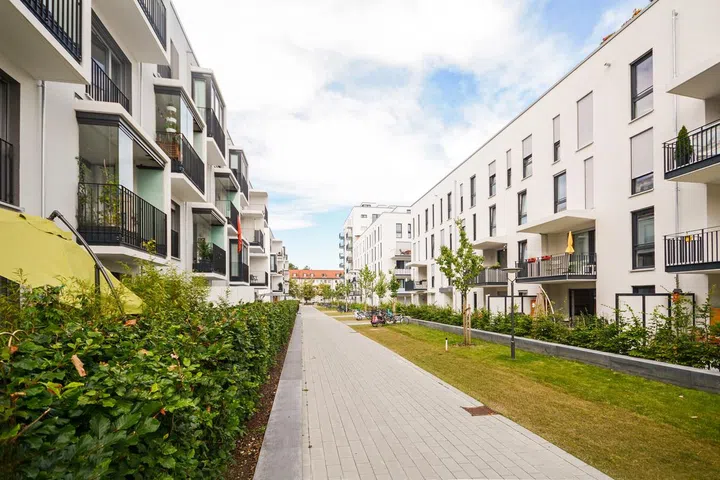 Modern residential buildings with outdoor facilities, Façade of new apartment houses.