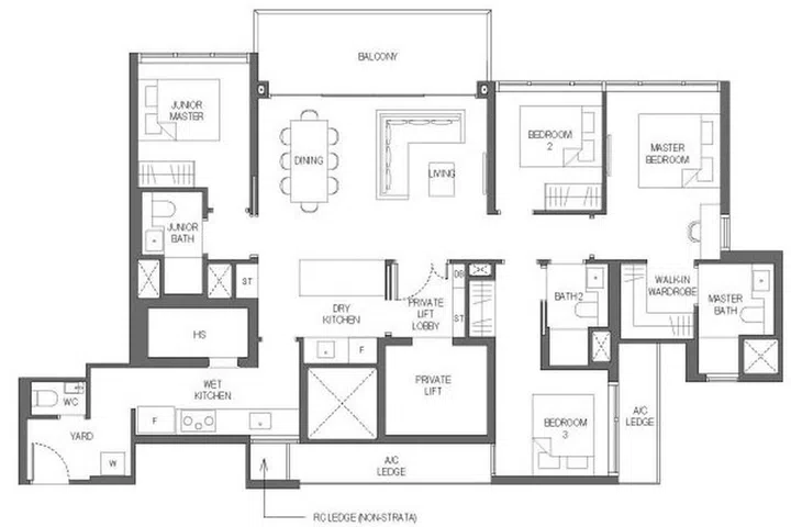 Sora condo floor plan for 4-bedroom luxury (type D1) unit spanning 142 sqm.