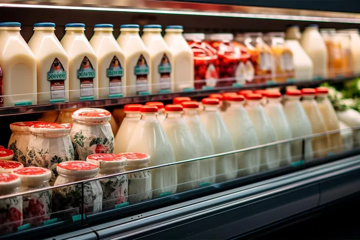 Dairy products, milk and cheese in a supermarket, food display AI generated image