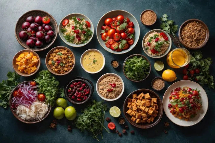 Healthy eating concept. Variety of healthy food in bowls on dark background. Image from 123RF