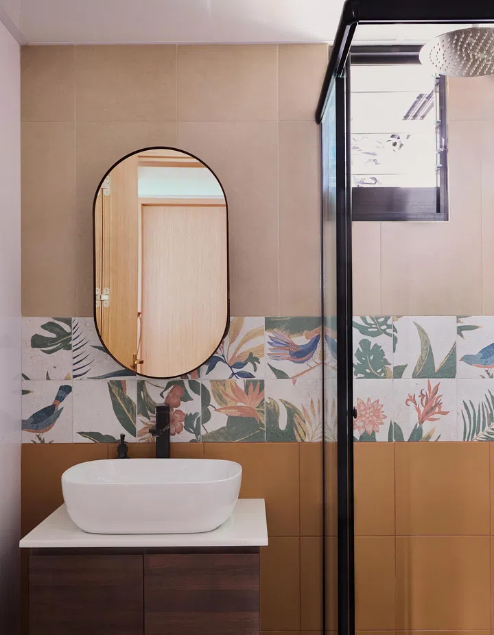 The bathroom tiles are relaxing and repeated through the home. 