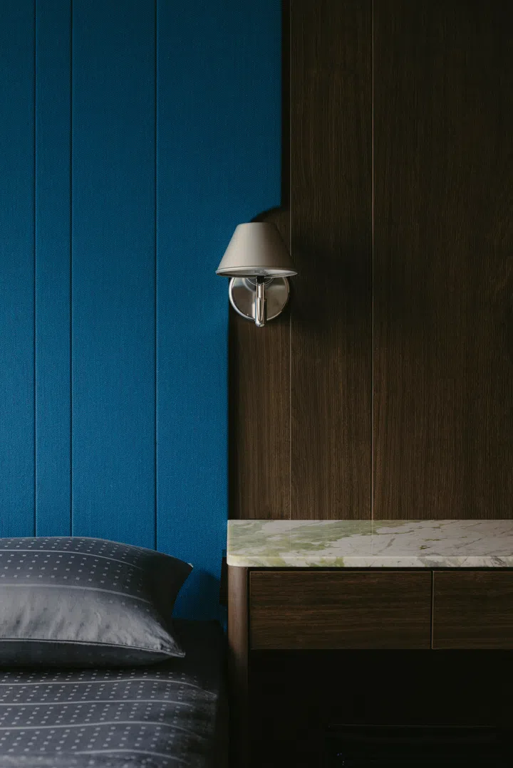 Melody’s favourite marble surface brings quiet contrast to the master bedroom’s restrained palette.