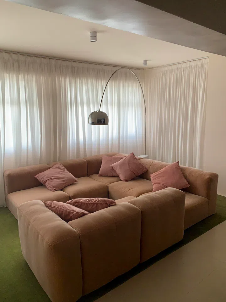 Arco Led floor lamp. Designed by Achille and Pier Giacomo Castiglioni, 1962, as seen in Jolene and Brandon’s living room. 