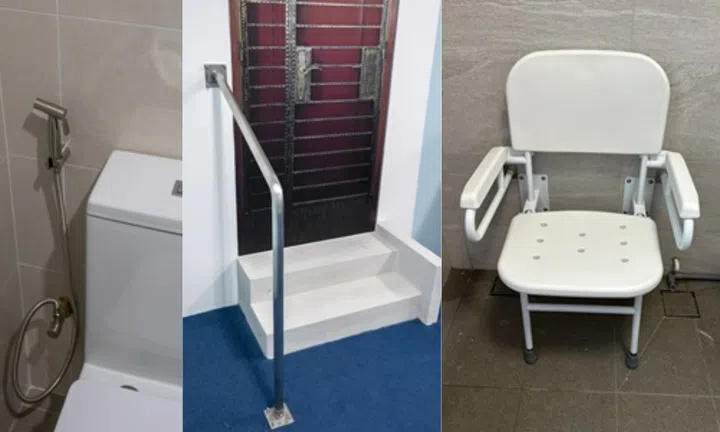 HDB EASE 2.0’s upgrades include: 2 bidet sprays, handrail at main door entrance with steps, and a wall-mounted foldable shower seat (pictured left to right) amongst others.
