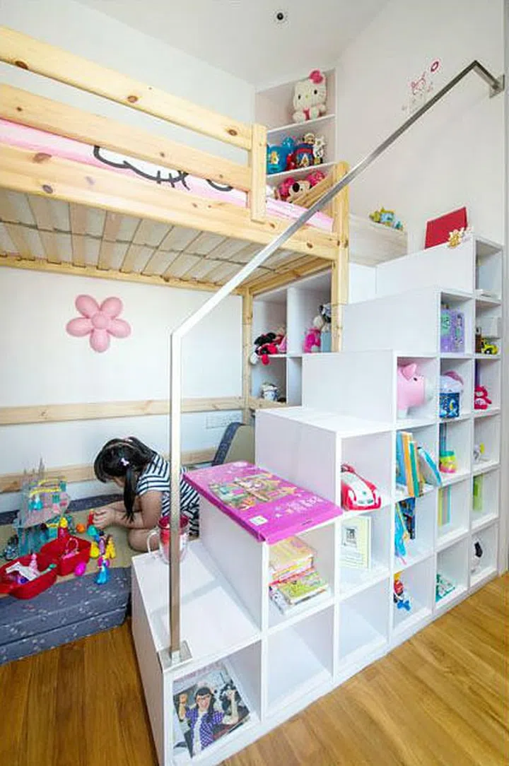 Daughter's bedroom in a family of 3's 840 sq ft mini condominium in River Valley, designed by interior designer Kelvin Bing.