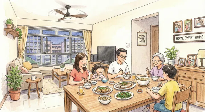 A drawing illustration of a family having dinner in their HDB living dining room.