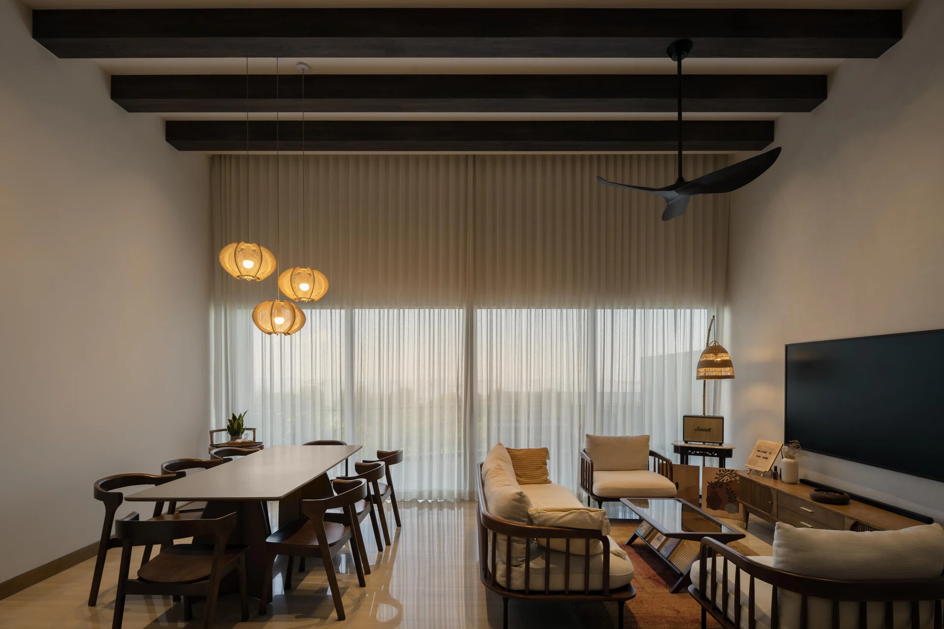 The living and dining areas form one large open space. 