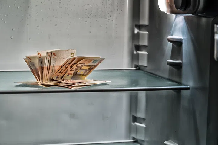 Fresh money in the refrigerator: a handful of 50 euros banknotes illuminated by cold light of an empty refrigerator