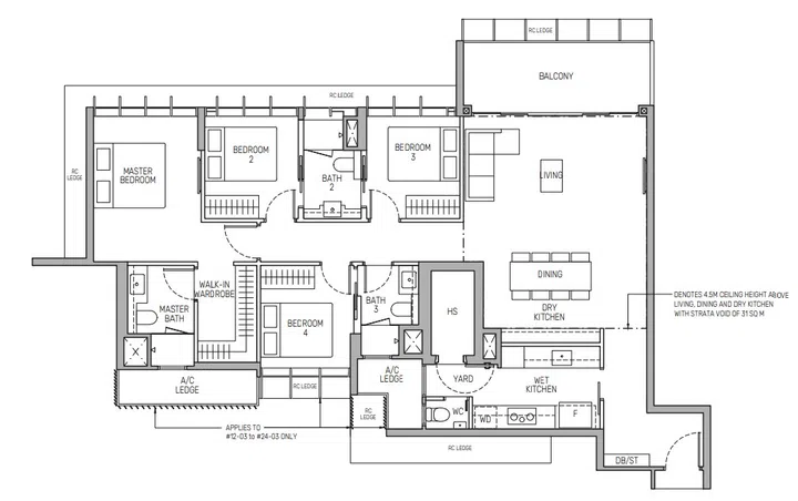 The Myst condo 4-bedroom (Type D2) 141 sqm floor plan.