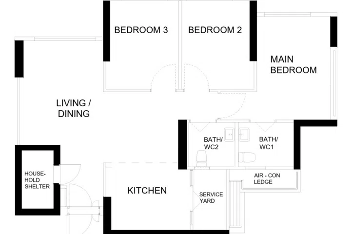 Original floor plan: A typical 4-room BTO configuration prior to renovating.