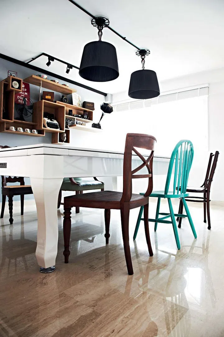 mismatched chairs, pool table, dining area, living room