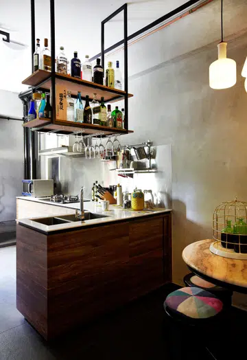Strathmore Ave HDB Kitchen. Open shelving suspended from ceiling overhead kitchen shelves.