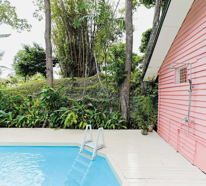 Pink slatted wall beside a blue pool and greenery