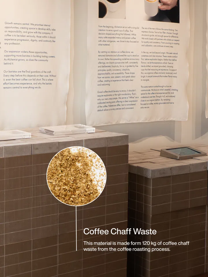 QORE worked with Alchemist Arab Street to showcase the transformation of coffee chaff waste and recycled plastics.