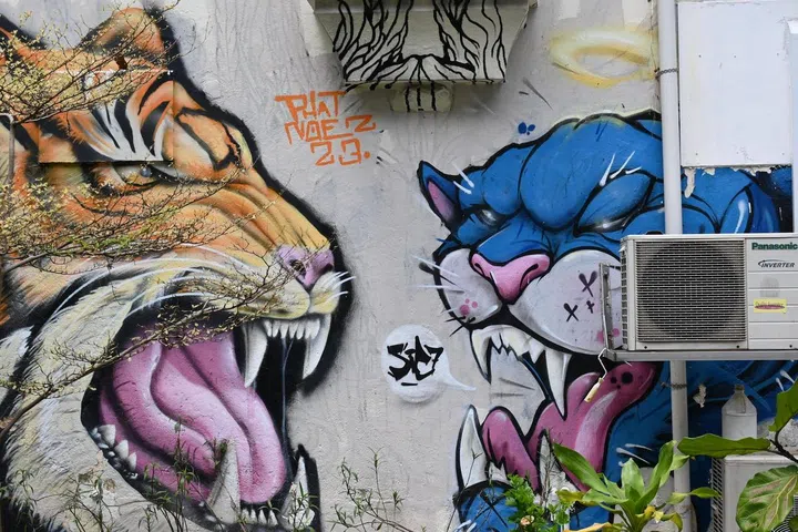 What looks like a tiger and panther in a showdown graffiti in Pearl's Hill Terrace, signed by the graffiti artist.