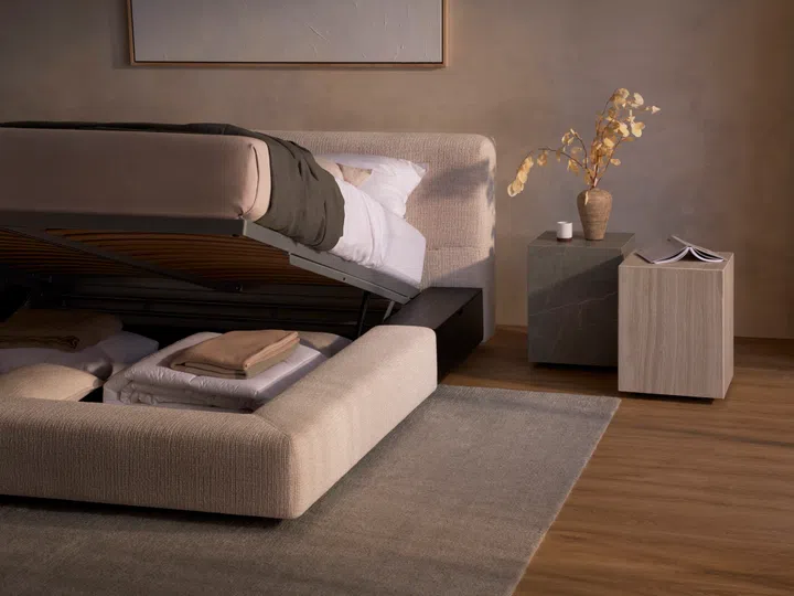 The Jasper Bed’s integrated timber shelf doubles as a bedside table and can be fitted with optional wireless charging.