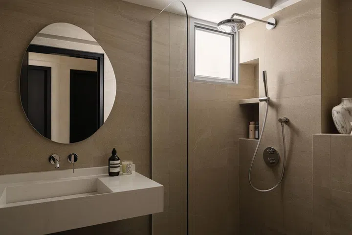 Wabi Sabi-style bathroom in a 5-room resale HDB in Edgedale Plains.