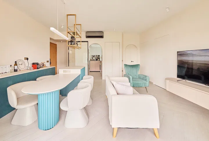 Open-concept layout featuring the striking bar island and minimalist living area side by side, designed for functionality, comfort, and pet-friendly living.