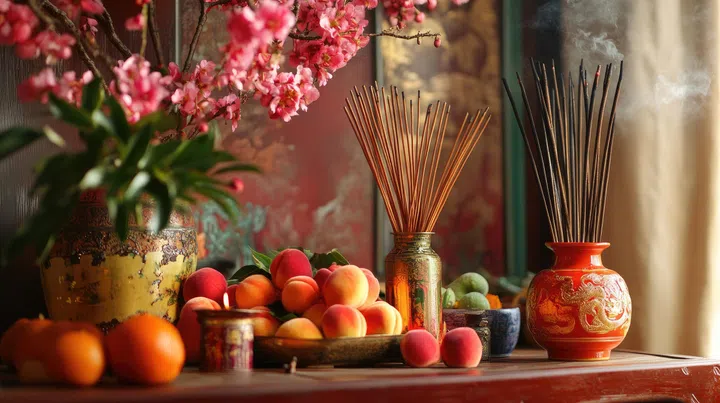 A Chinese New Year altar adorned with fresh peach blossoms, incense sticks, and symbolic fruits for good luck