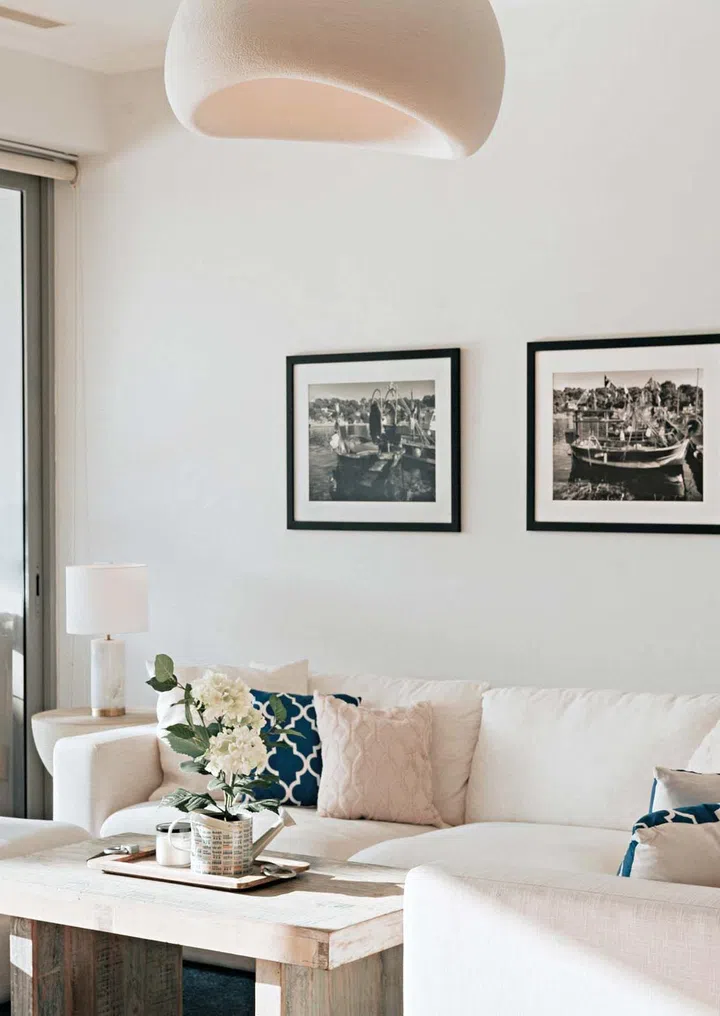 The design team introduced dark accents to the living area to balance and ground the look.