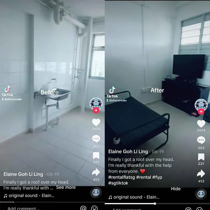 Elaine Goh Li Ling Tiktok user account shows her HDB rental flat journey