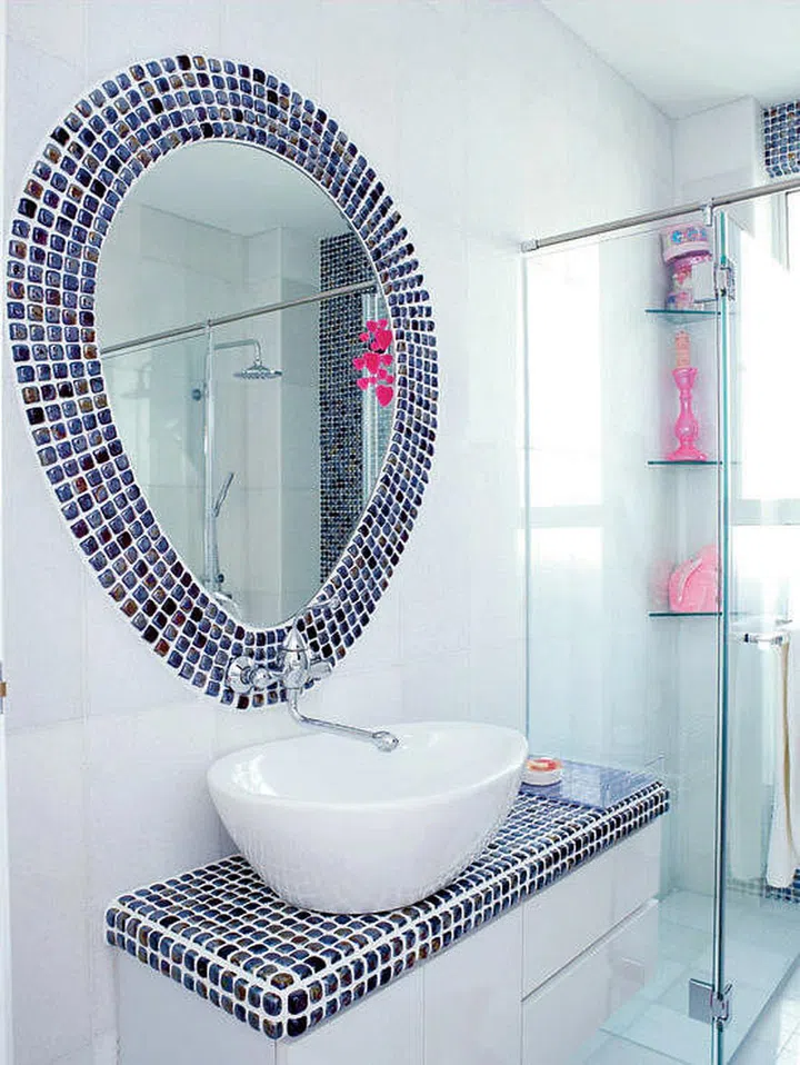 bathroom, mirror, mosaic, shower, basin
